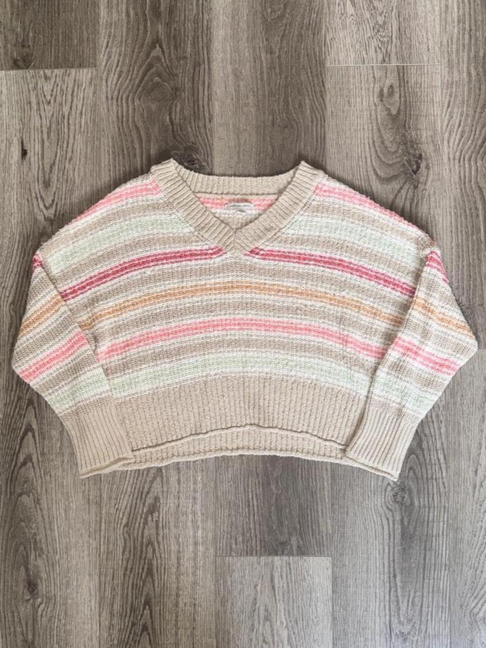 American Eagle Outfitters Striped V-Neckโ Sweater in Beige, Pink, Peach